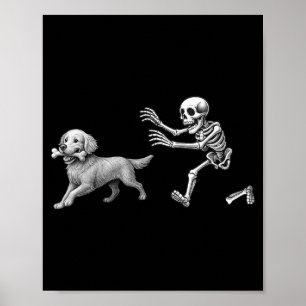 Funny Skeleton Chasing Golden Retriever Halloween Poster