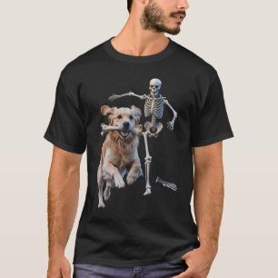 Funny Skeleton Chasing Golden Retriever Halloween T-Shirt