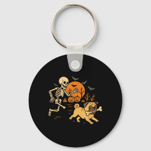 Funny Skeleton Chasing Pug Halloween Costume Dog Key Ring