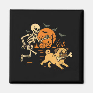 Funny Skeleton Chasing Pug Halloween Costume Dog Magnet