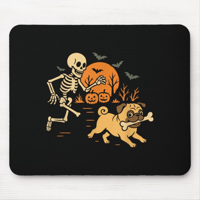 Funny Skeleton Chasing Pug Halloween Costume Dog Mouse Pad (Front)