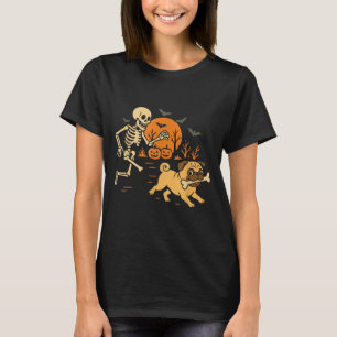 Funny Skeleton Chasing Pug Halloween Costume Dog T-Shirt