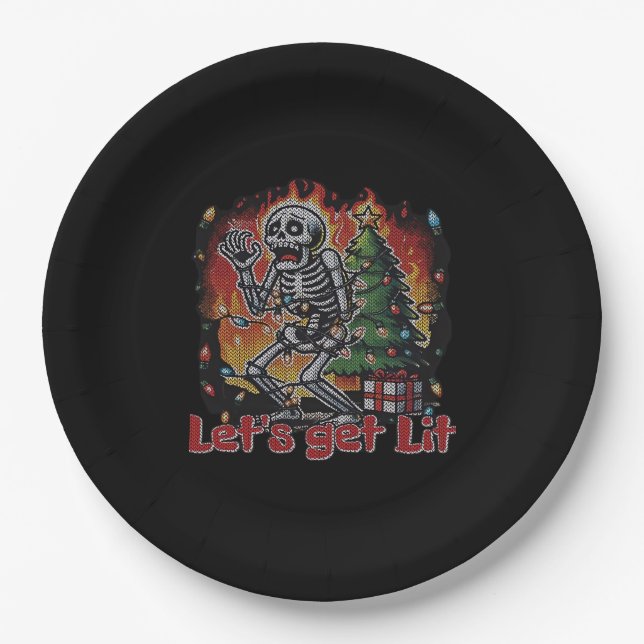 Funny Skeleton Christmas Let's Get Lit Classic Paper Plate (Front)