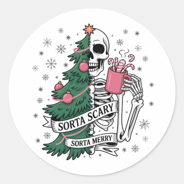 Funny Skeleton Christmas Sorta Merry Sorta Scary  Classic Round Sticker (Front)