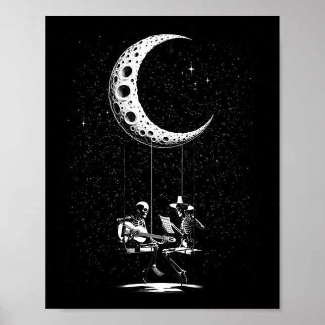 Funny Skeleton Couple Moon Playing Guitar Hallowee Poster (Front)