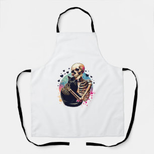 Funny Skeleton Cuddling With a Cat Watercolor Skul Apron