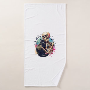 Funny Skeleton Cuddling With a Cat Watercolor Skul Bath Towel