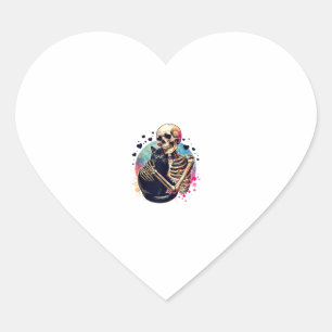Funny Skeleton Cuddling With a Cat Watercolor Skul Heart Sticker