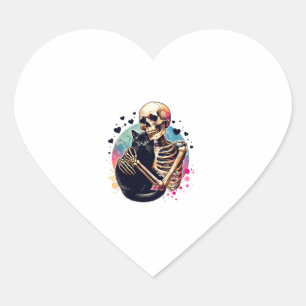 Funny Skeleton Cuddling With a Cat Watercolor Skul Heart Sticker