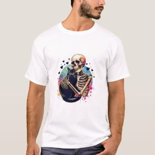 Funny Skeleton Cuddling With a Cat Watercolor Skul T-Shirt