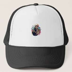 Funny Skeleton Cuddling With a Cat Watercolor Skul Trucker Hat
