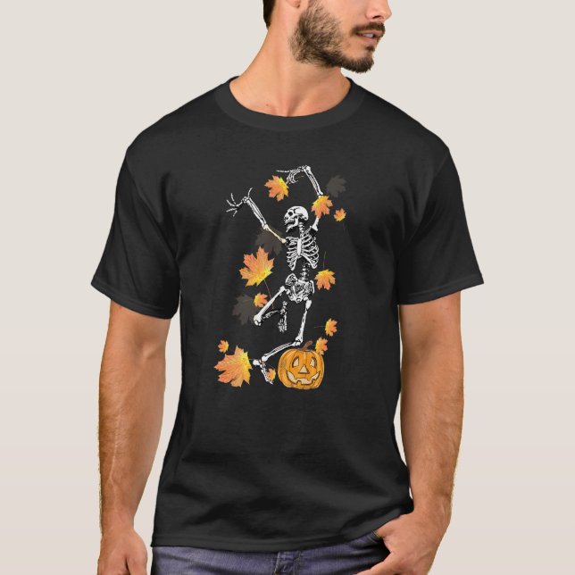 Funny Skeleton Dancing Fall Leaves Autumn Hallowee T-Shirt (Front)