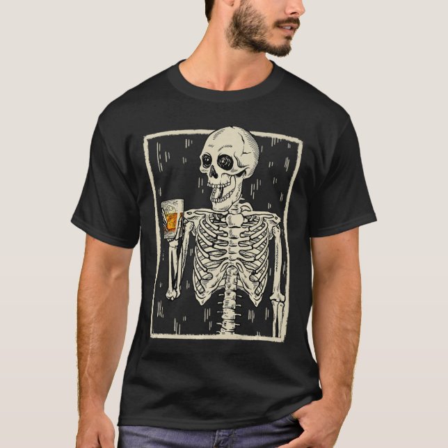 Funny Skeleton Drinking Bourbon Whiskey Halloween T-Shirt (Front)
