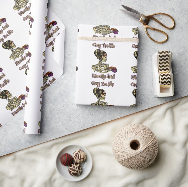 Funny Skeleton Drinking I'm literally Dead Coffee Wrapping Paper (Crafts)