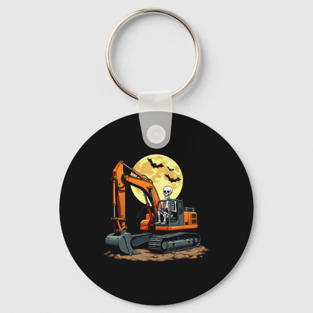 Funny Skeleton Driving Excavator Halloween Constru Key Ring (Front)