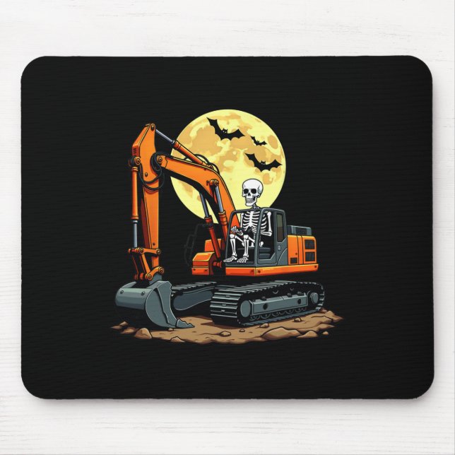 Funny Skeleton Driving Excavator Halloween Constru Mouse Pad (Front)