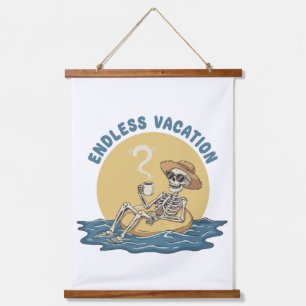 Funny Skeleton "Endless Vacation" Retro Dark Humou Hanging Tapestry