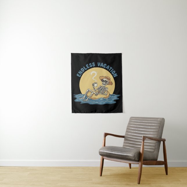 Funny Skeleton "Endless Vacation" Retro Dark Humou Tapestry (In Situ)