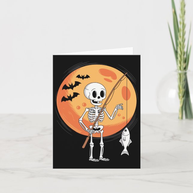 Funny Skeleton Fishing Lovers Moon Spooky Hallowee Card (Front)