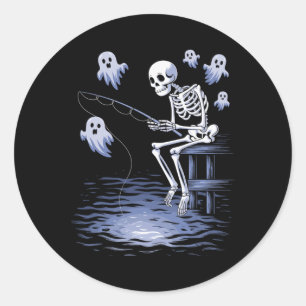 Funny Skeleton Fishing Lovers Spooky Halloween Fis Classic Round Sticker