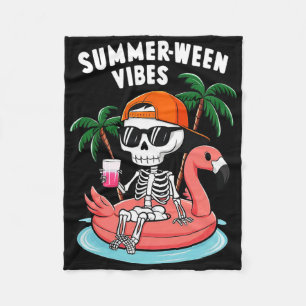 Funny Skeleton Flamingo Summerween Vibes Halloween Fleece Blanket