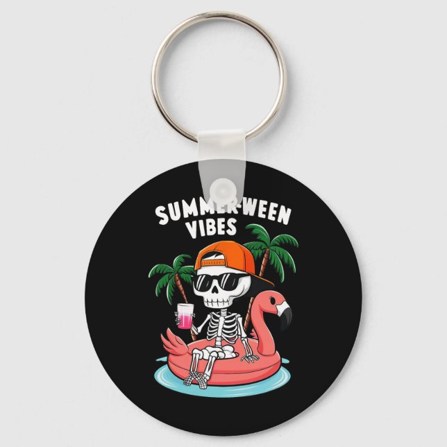 Funny Skeleton Flamingo Summerween Vibes Halloween Key Ring (Front)