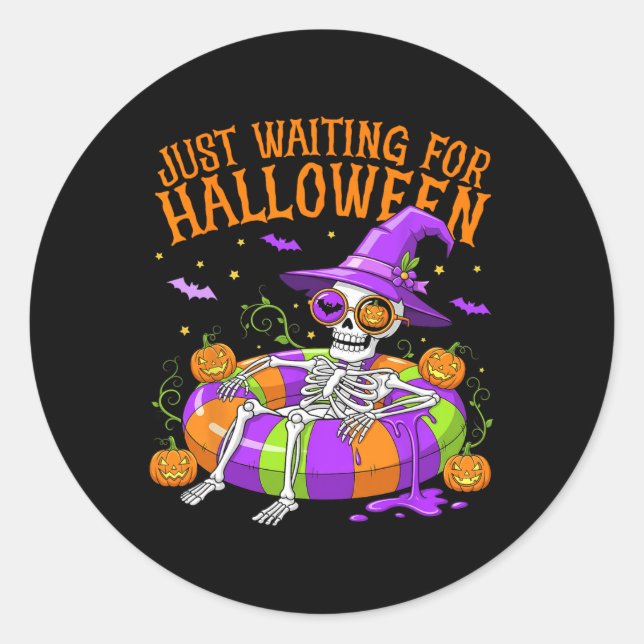 Funny Skeleton Float Just Waiting For Halloween Me Classic Round Sticker (Front)