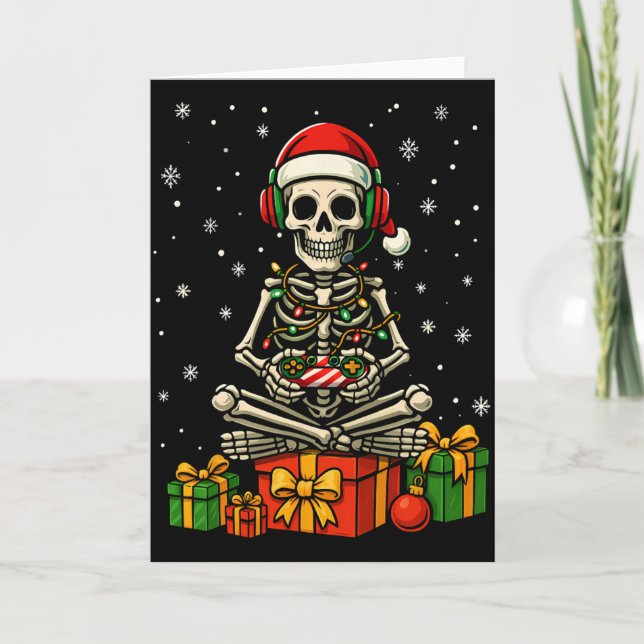 Funny Skeleton Game Controller Xmas Lights Men Wom Card (Front)