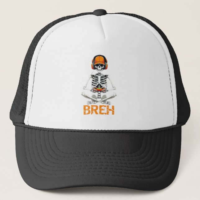 Funny Skeleton Gamer BRUH Halloween Game  Trucker Hat (Front)