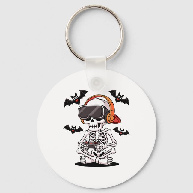 Funny Skeleton Gamer With Vr Headset Halloween Sty Key Ring (Front)