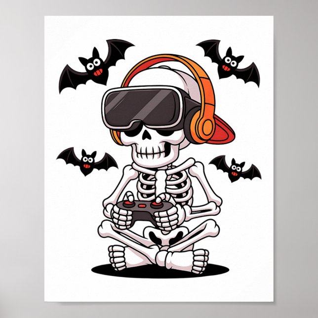 Funny Skeleton Gamer With Vr Headset Halloween Sty Poster (Front)