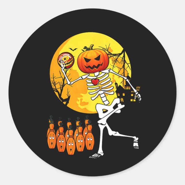 Funny Skeleton Halloween Bowling Player And Gift F Classic Round Sticker (Front)