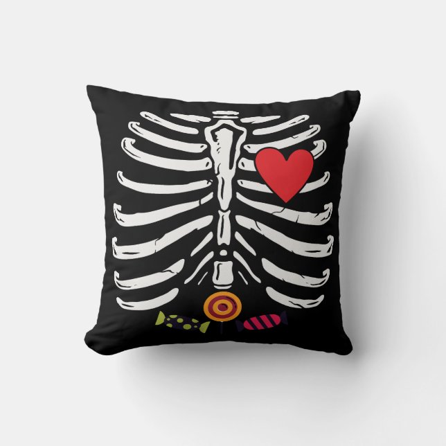 Funny Skeleton Halloween Heart Candies Cushion (Front)