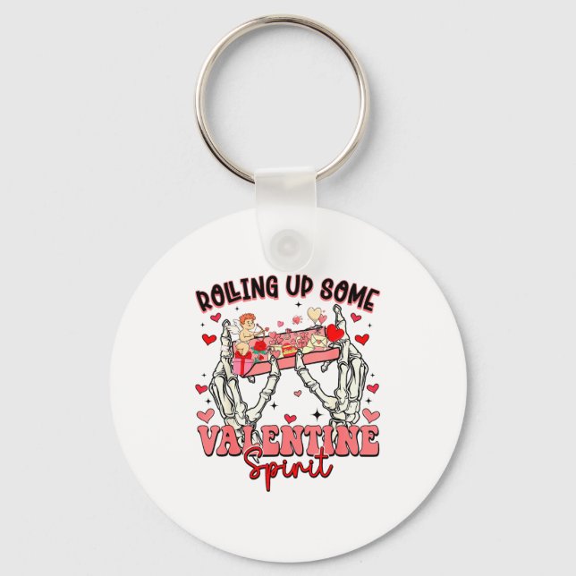 Funny Skeleton Hand Rolling Up Some Valentines Day Key Ring (Front)