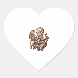 Funny Skeleton Holding a Cat Lazy Halloween Costum Heart Sticker