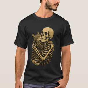 Funny Skeleton Hugging Cat Halloween Cat Lover Cat T-Shirt
