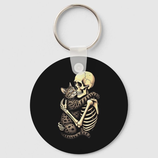 Funny Skeleton Hugging Cat Halloween Cat Lover Mom Key Ring (Front)
