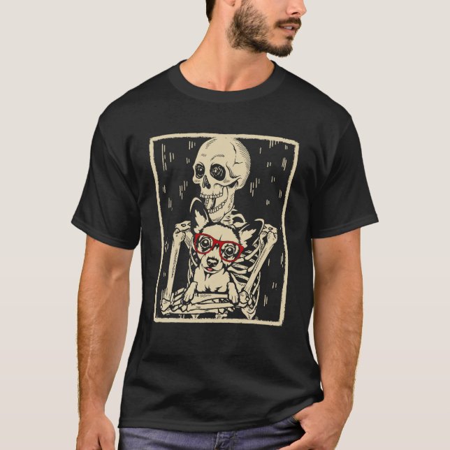 Funny Skeleton Hugs Chihuahua Dog Halloween T-Shirt (Front)