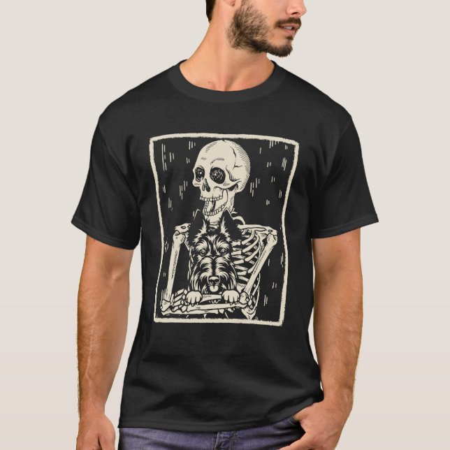 Funny Skeleton Hugs Scottish Terrier Dog Halloween T-Shirt (Front)