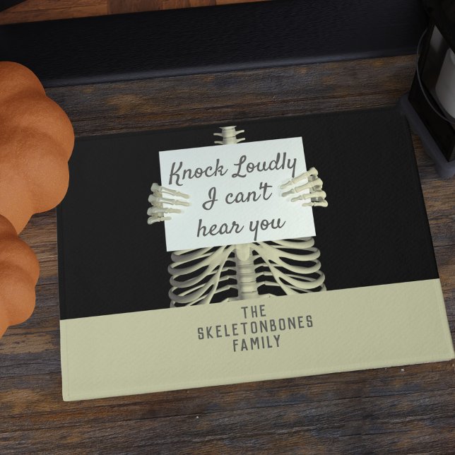 Funny Skeleton I Can't Hear You Halloween Doormat (Knock Loudly! A fun skeleton themed Halloween Doormat with space for your name)