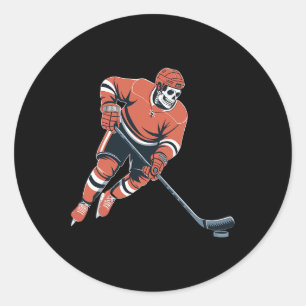 Funny Skeleton Ice Hockey Halloween Classic Round Sticker
