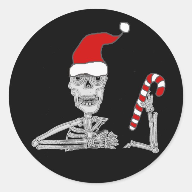Funny Skeleton in Santa hat Christmas Classic Round Sticker (Front)