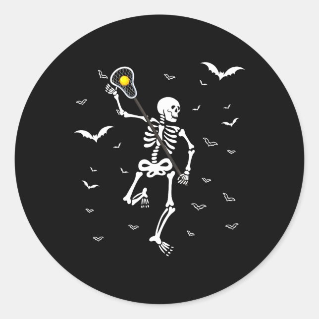 Funny Skeleton Lacrosse Cute Halloween Lacrosse Pl Classic Round Sticker (Front)