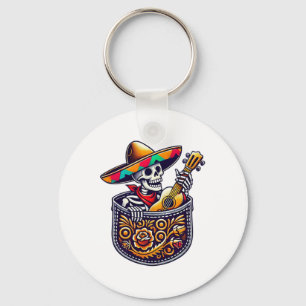 Funny Skeleton Mariachi Guitar Pocket Cinco De May Key Ring