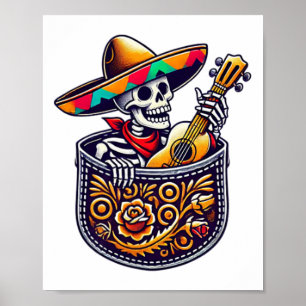 Funny Skeleton Mariachi Guitar Pocket Cinco De May Poster