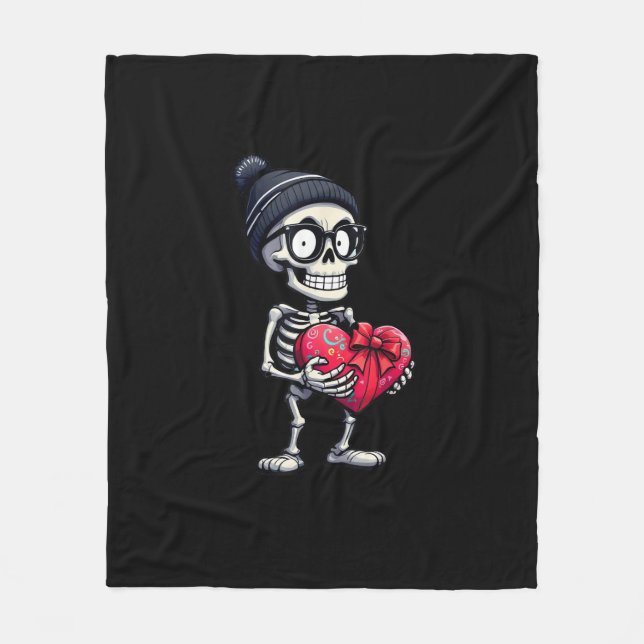 Funny Skeleton Men Women Skeleton Heart Valentines Fleece Blanket (Front)
