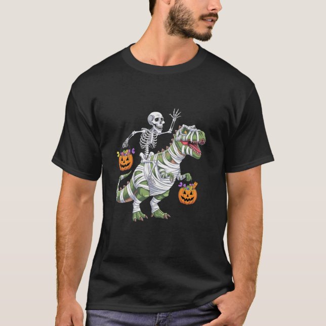 Funny Skeleton Mummy Dinosaur T Rex Candy Grab Hal T-Shirt (Front)