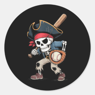 Funny Skeleton Pirate Baseball Halloween Costume B Classic Round Sticker