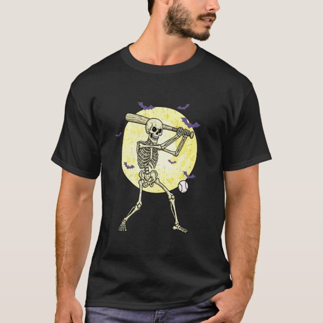 Funny Skeleton Playing Baseball Funny Halloween Me T-Shirt (Front)