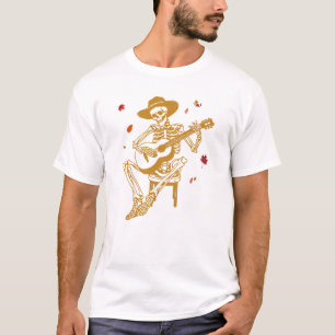 Funny Skeleton Playing Guitar with fall Leaves T-Shirt